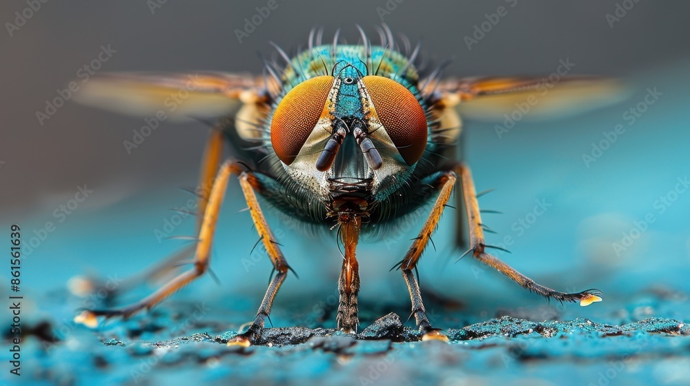 A macro shot featuring a brilliantly colored fly with large, strikingly detailed eyes against a blue background, capturing the intricate details of its body and wings. A macro shot featuring a brilliantly colored fly with large, strikingly detailed eyes against a blue background, capturing the intricate details of its body and wings.