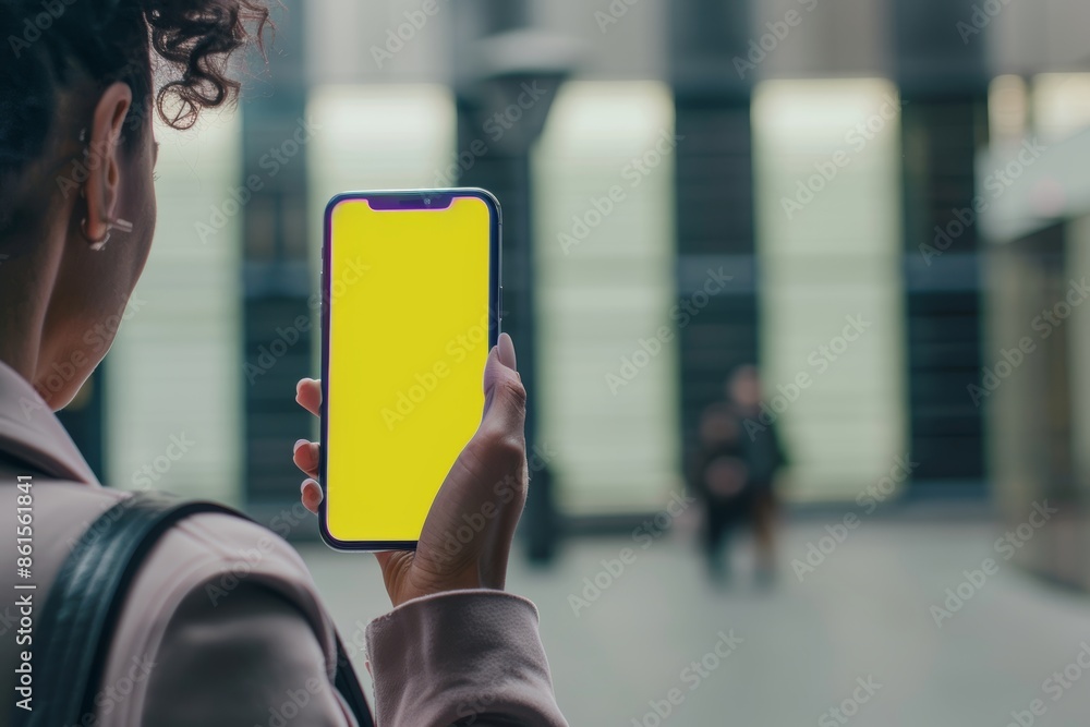 Digital mockup over a shoulder of a adult woman holding an smartphone with an entirely yellow screen Digital mockup over a shoulder of a adult woman holding an smartphone with an entirely yellow screen