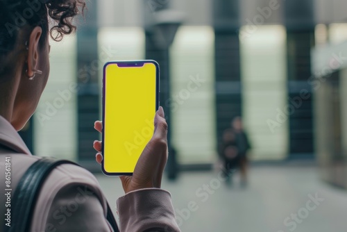 Wallpaper Mural Digital mockup over a shoulder of a adult woman holding an smartphone with an entirely yellow screen Torontodigital.ca