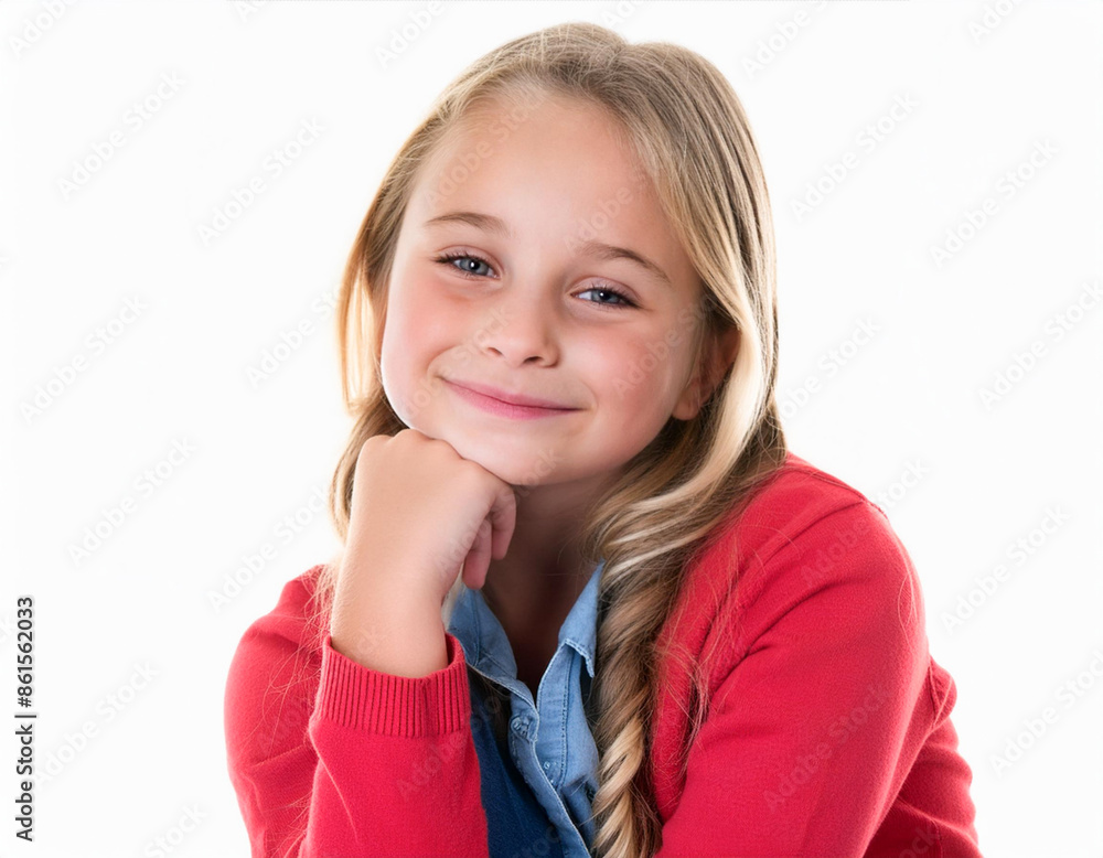 portrait of smiling happy adorable girl with blonde hair hand on chin face isolated on white background portrait of smiling happy adorable girl with blonde hair hand on chin face isolated on white background