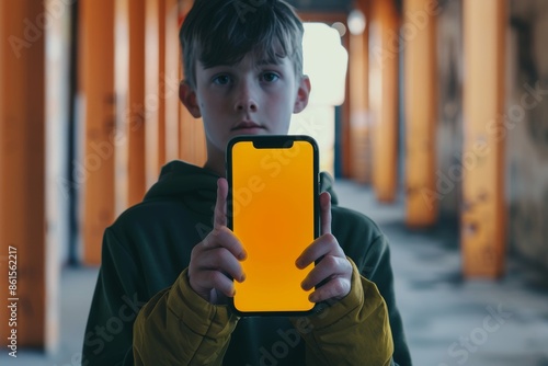 Digital mockup over a shoulder of a boy holding an smartphone with an entirely yellow screen