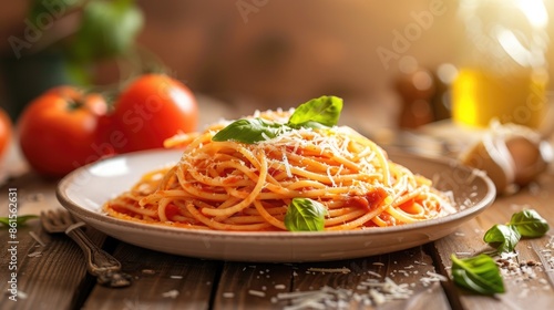 Scrumptious Italian spaghetti plates enhanced with a dusting of grated Parmesan cheese, photographed from a flattering low angle view on a wooden surface. photo