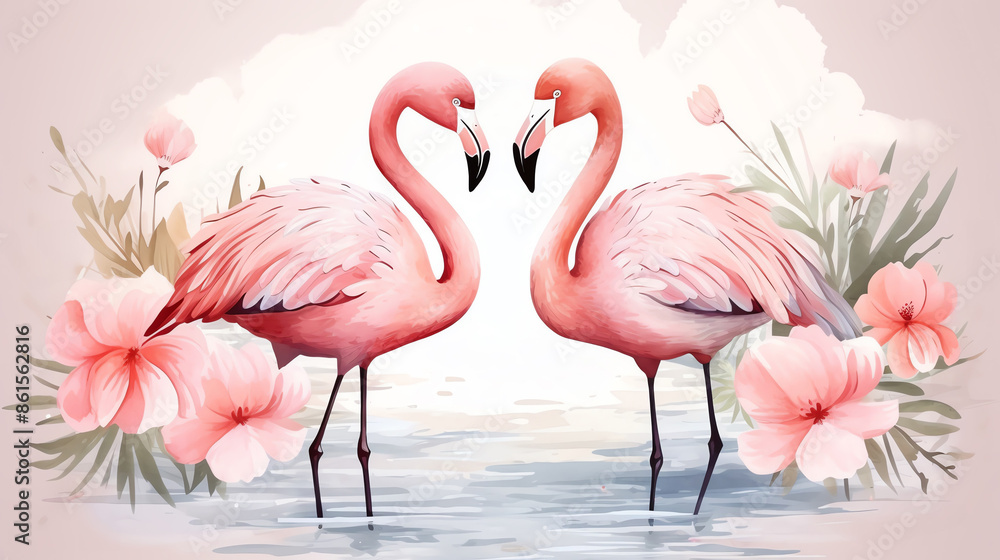 Obraz premium Pink flamingos and soft floral arrangement, flat design, scattered design, spring theme, watercolor illustration, colored pastel