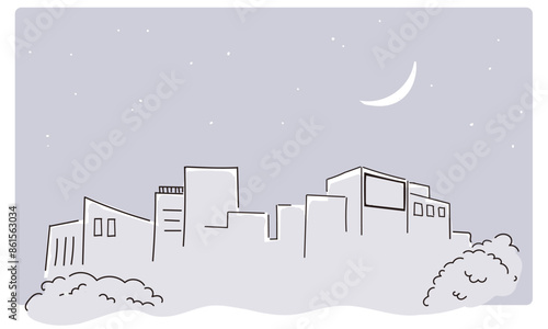 夜のビル街　線画イラスト