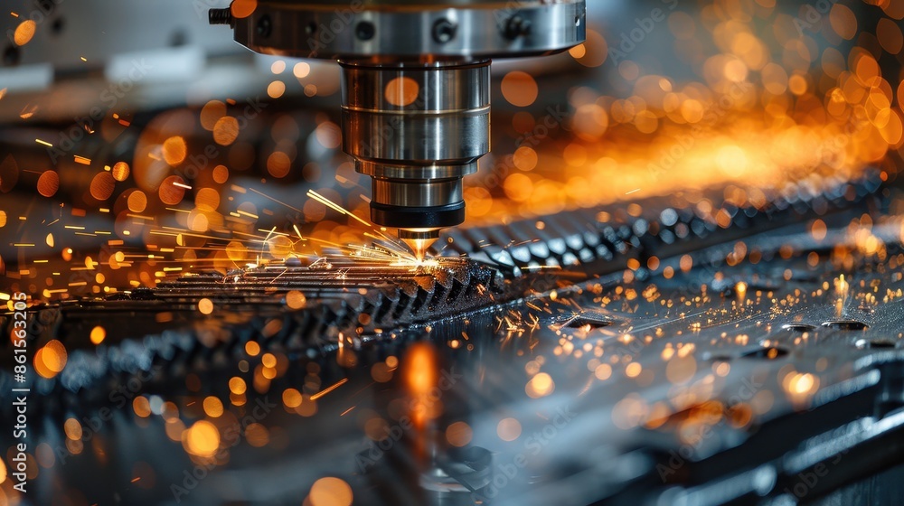 An intense view of industrial machinery at work, with bright sparks flying and highlighting the dynamic energy and precision involved in modern metalworking processes. An intense view of industrial machinery at work, with bright sparks flying and highlighting the dynamic energy and precision involved in modern metalworking processes.