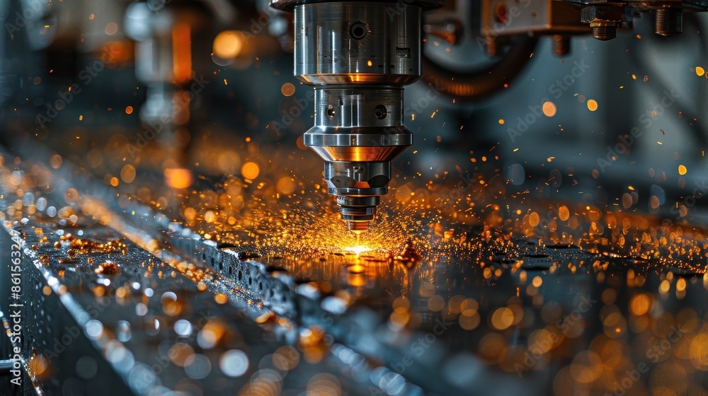 A powerful industrial machinery at work with bright sparks flying all around, showcasing the intensity and energy of modern industrial processes and engineering. A powerful industrial machinery at work with bright sparks flying all around, showcasing the intensity and energy of modern industrial processes and engineering.