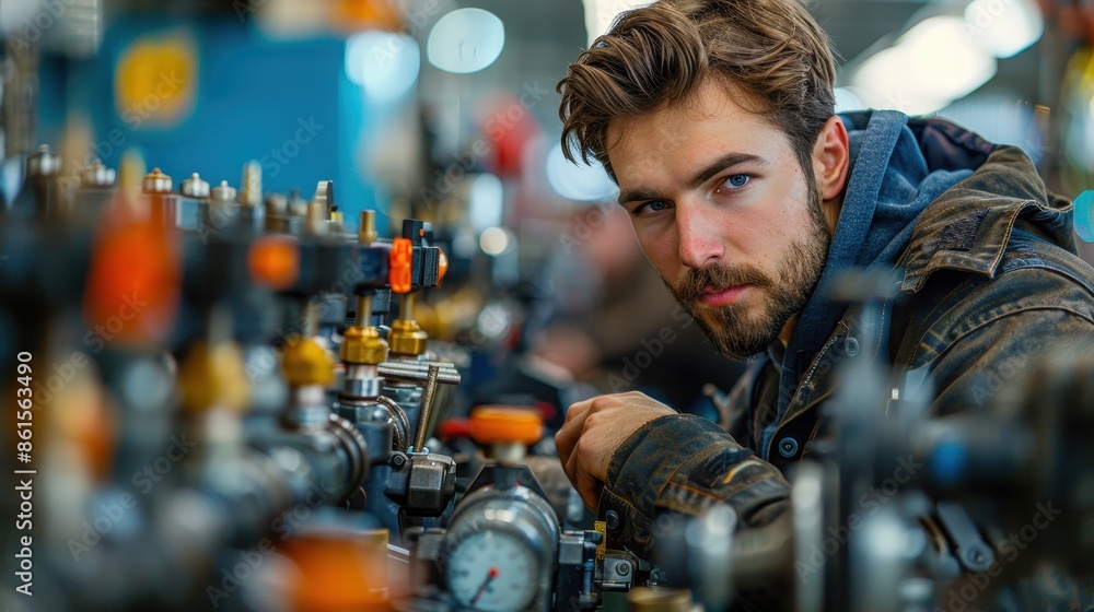 A young mechanic intensely works on a machine within a bustling industrial area, underscoring his dedication and technical skills amid a backdrop of complex equipment. A young mechanic intensely works on a machine within a bustling industrial area, underscoring his dedication and technical skills amid a backdrop of complex equipment.
