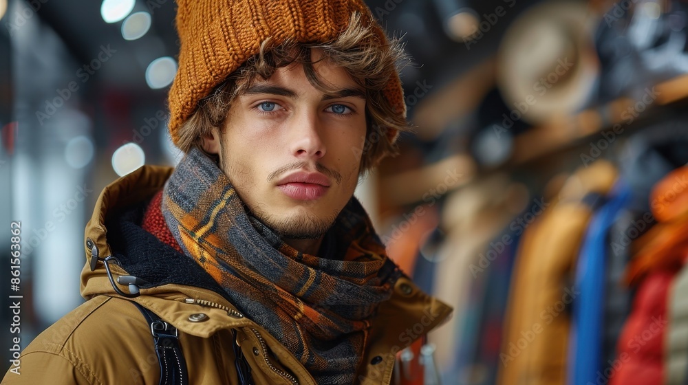 A young man inside a store, dressed in a winter outfit with a cozy hat and scarf, looking forward intently, capturing the essence of contemporary fashion and holiday shopping. A young man inside a store, dressed in a winter outfit with a cozy hat and scarf, looking forward intently, capturing the essence of contemporary fashion and holiday shopping.