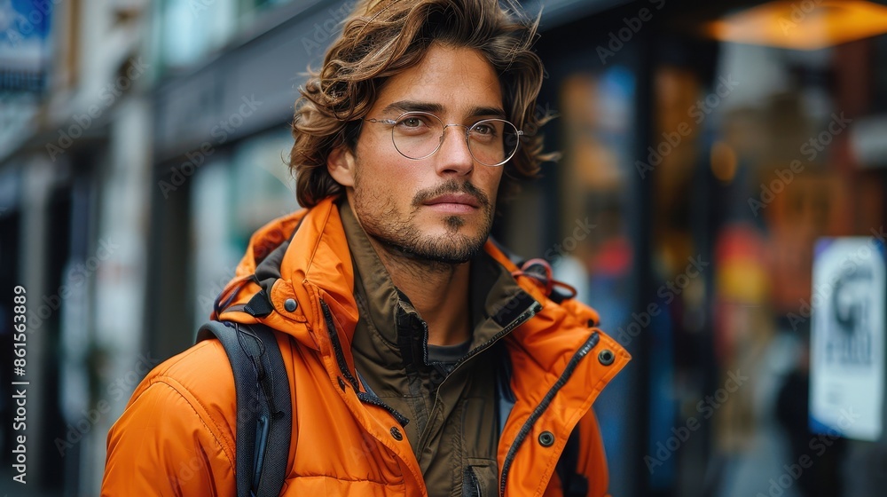 Fototapeta premium A young man wearing an orange jacket and glasses, standing outside in an urban setting, embodying a blend of contemporary fashion, casual style, and thoughtful expression.