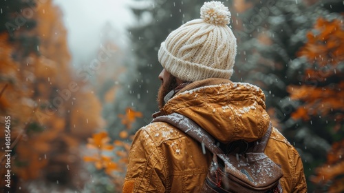 A person dressed in warm winter gear including a knitted cap and yellow jacket, hikimg through a forest during autumn snowfall, highlighting an outdoor adventure. photo