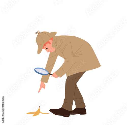 Pensive preteen boy child detective cartoon character with magnifying glass finding banana peel