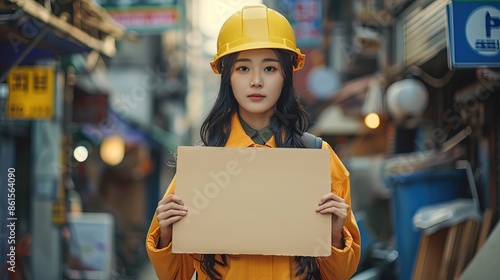 Korean woman enginerring wearing hard cap and vast safety holding blank board sign, trendy fashion, photo photo