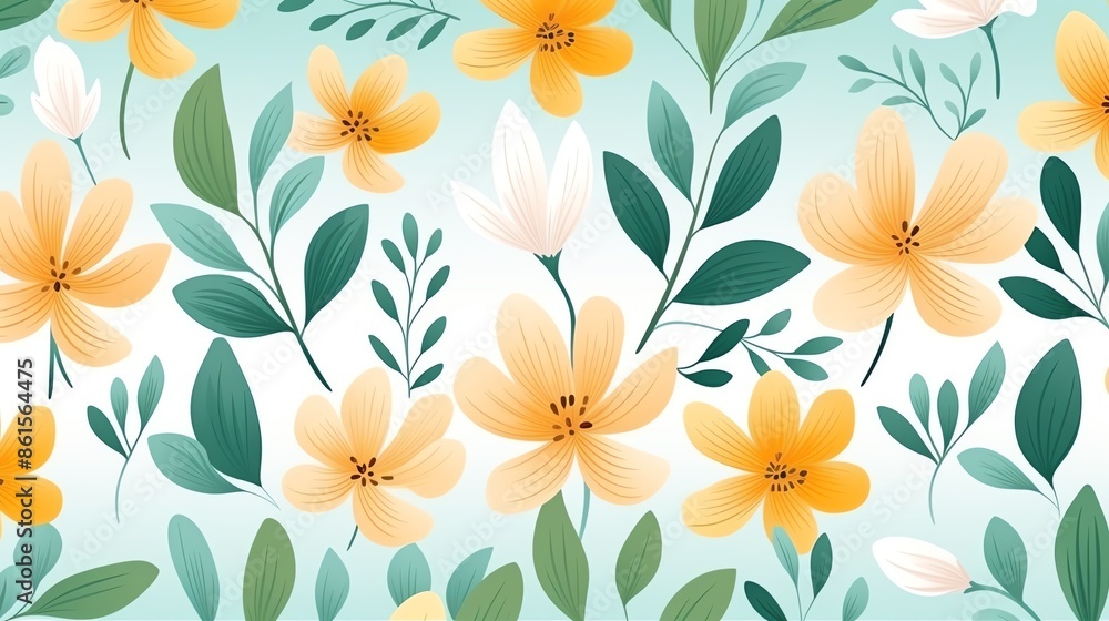 Fototapeta premium Seamless floral pattern with yellow and white flowers and green leaves on a blue background.