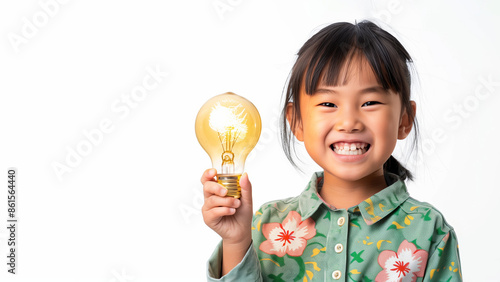 A child holding a light bulb as a symbol of an idea. The concept of creative and imaginative thinking. Eureka.