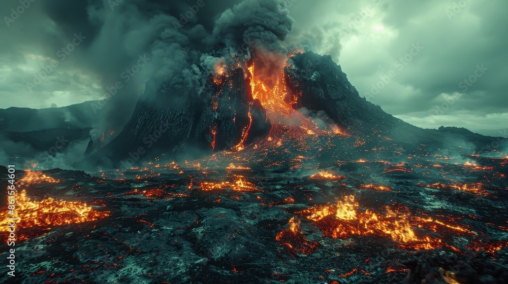 A powerful scene of an erupting volcano emitting smoke and spewing lava down its sides, showcasing nature's raw and destructive force amidst a dramatic landscape. A powerful scene of an erupting volcano emitting smoke and spewing lava down its sides, showcasing nature's raw and destructive force amidst a dramatic landscape.