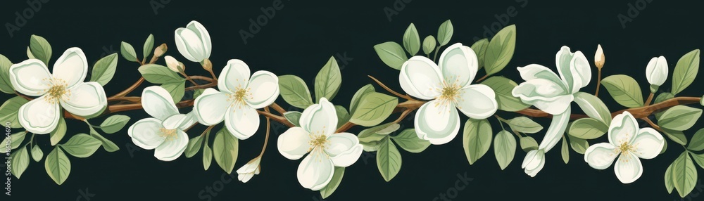 Fototapeta premium Panoramic Watercolor Illustration of White Flowers