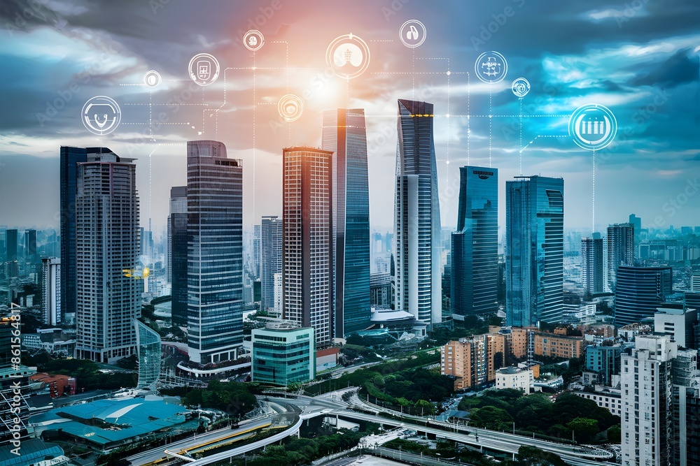 Obraz premium Urban landscape with skyscrapers and digital icons, depicting tech infused city