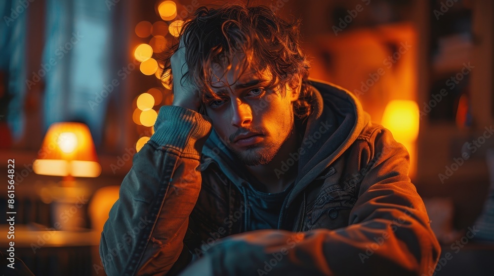 A person is sitting with their hand on their head in a cozy, warmly lit room decorated with soft, ambient lights, conveying a sense of contemplation or relaxation. A person is sitting with their hand on their head in a cozy, warmly lit room decorated with soft, ambient lights, conveying a sense of contemplation or relaxation.