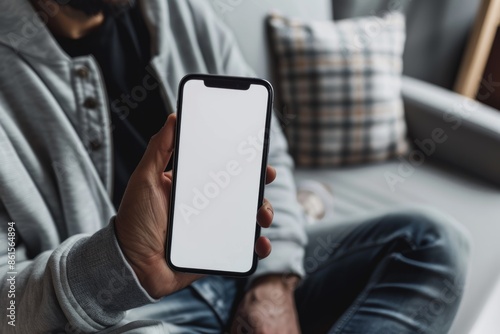 Application mockupover the shoulder shot of a adult man holding an smartphone with a fully grey screen