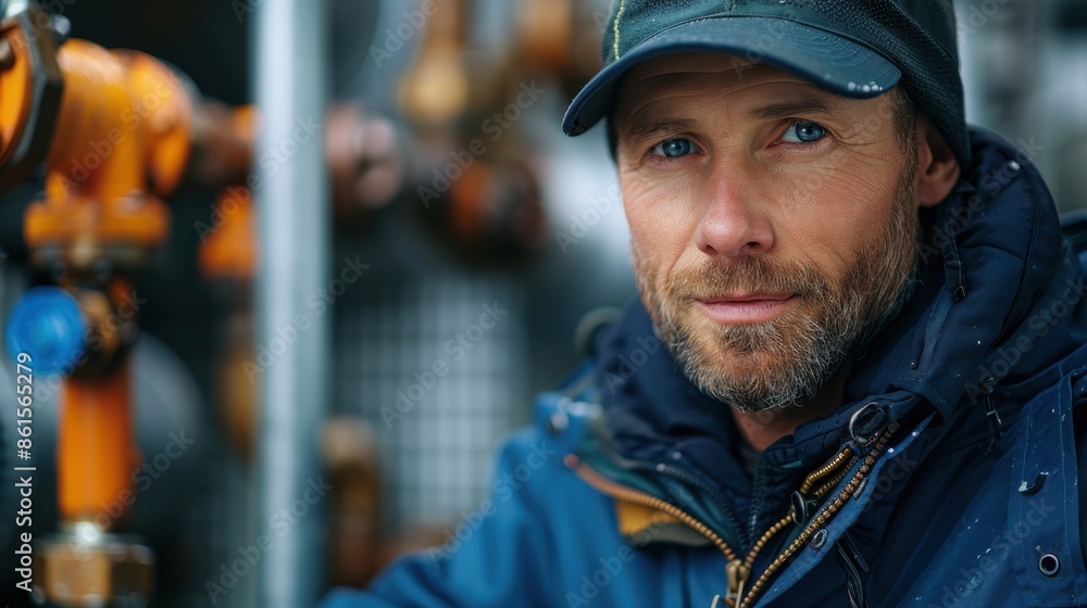 A man in a blue jacket and cap stands outdoors in a cold setting, symbolizing diligence and resilience as he undertakes his work amidst the elements with a determined expression.