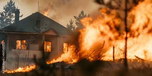 Urgent Situation House Threatened by Forest Fire. Concept Emergency Response, Wildfires, Evacuation Procedures, Forest Fire Safety, Community Support