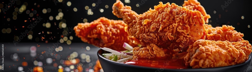 Close-up of crispy, golden fried chicken pieces with a spicy dipping sauce, perfect for food advertising or restaurant menus.