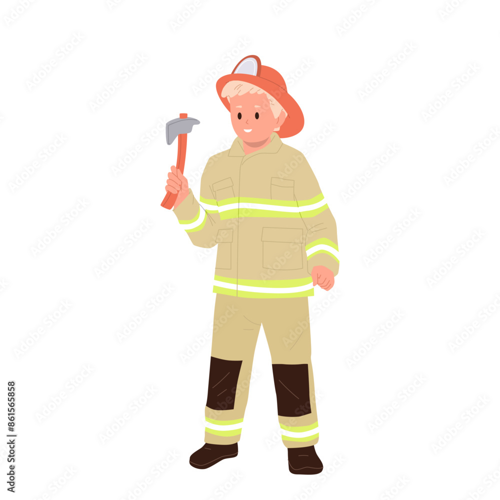 Cute brave boy child firefighter cartoon character in uniform holding fire axe ready to save people Cute brave boy child firefighter cartoon character in uniform holding fire axe ready to save people