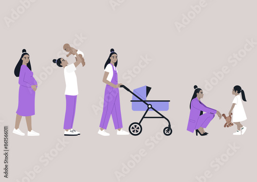 The Journey of Motherhood, from pregnancy to caring for a young child, a Woman in purple clothes progresses from holding a baby to playing with a toddler