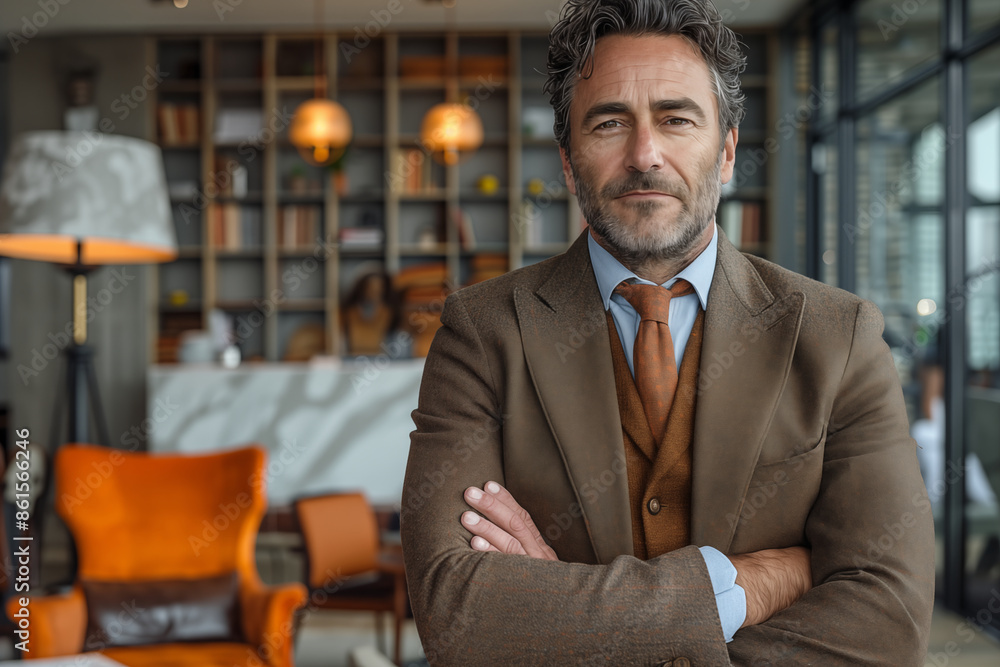 Psychologist with experience in a modern office with an emphasis on the color orange. Psychologist with experience in a modern office with an emphasis on the color orange.