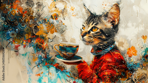 An elegant cat in a red dress seated, delicately holding a teacup, embodying abstract charm and grace in a whimsical and sophisticated manner photo