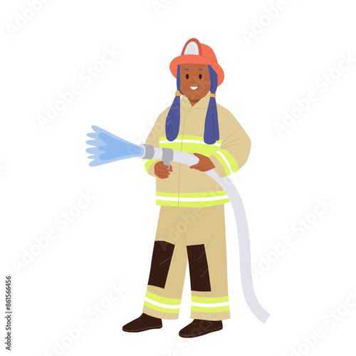 Smiling brave preteen girl child isolated cartoon firefighter character standing with fire hose