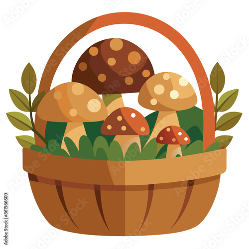 cartoon symbol of a mushroom basket Harvesting in autumn from forests
