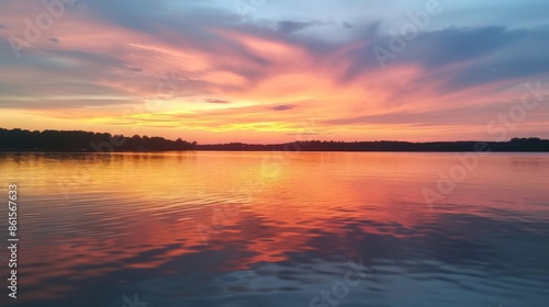 Sunset over a calm body of water, with the sky painted in hues of orange, pink, and purple © AlfaSmart