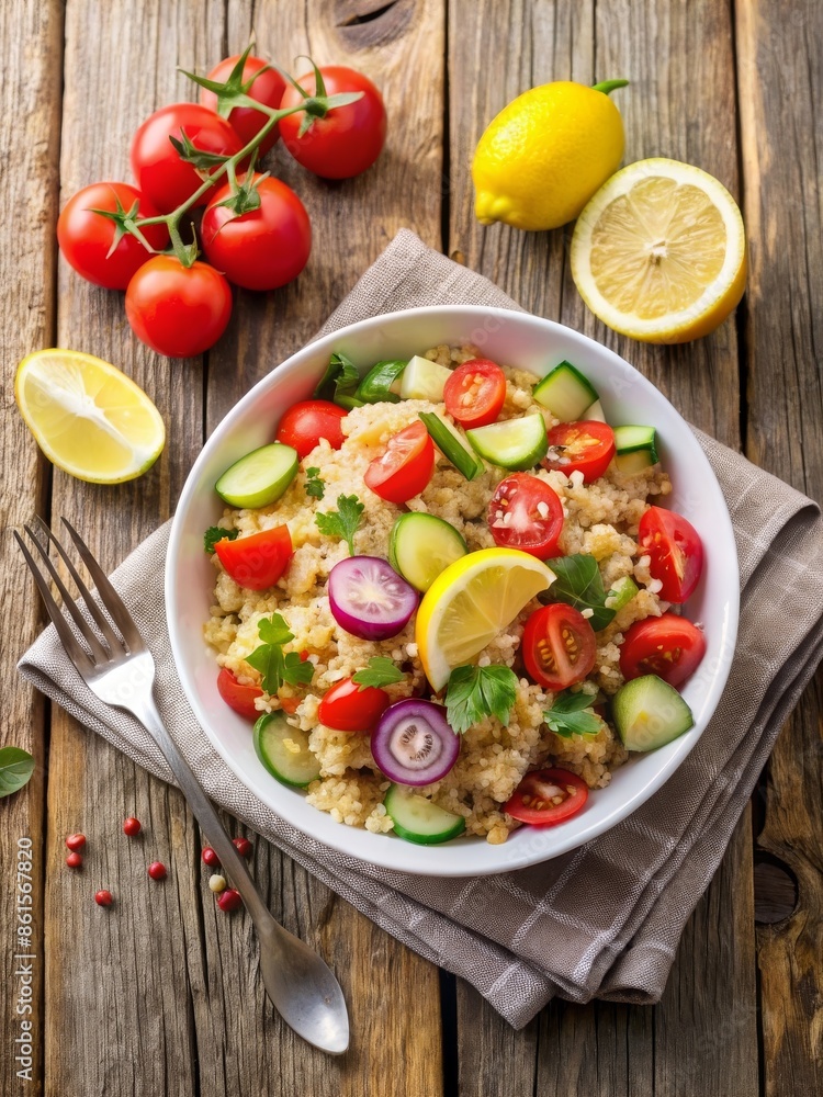 A fresh and healthy quinoa salad with cherry tomatoes, cucumber, red onion, and lemon slices, perfect for the DASH diet. A fresh and healthy quinoa salad with cherry tomatoes, cucumber, red onion, and lemon slices, perfect for the DASH diet.