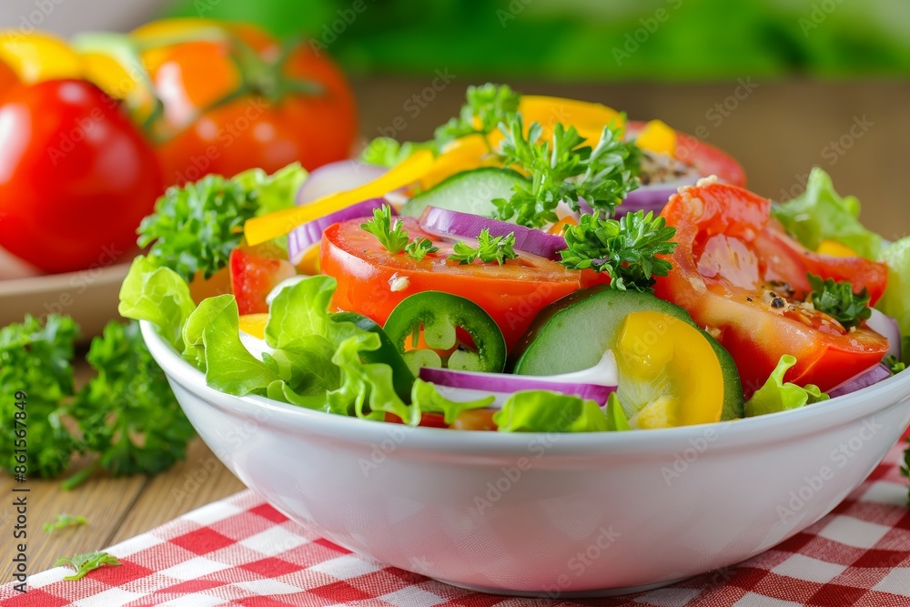 Salad of fresh vegetables on the kitchen table, ready to eat Salad of fresh vegetables on the kitchen table, ready to eat