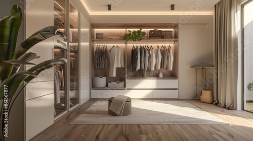 modern closet with clothes hanging on rail, white wooden wardrobe, interior design concept © สมชัย ้พาลแก้ว