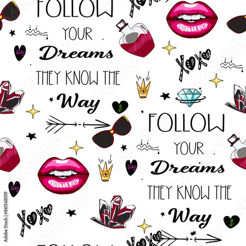 Vector pattern of crown, rainbow, and rainbow points; diamonds with inscription "xoxo"; "dreams" print; designer blank; T-shirt design; packaging paper; wallpaper.