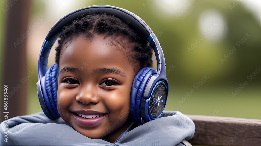 A close-up portrait of a joyful young girl wearing large, blue headphones A close-up portrait of a joyful young girl wearing large, blue headphones