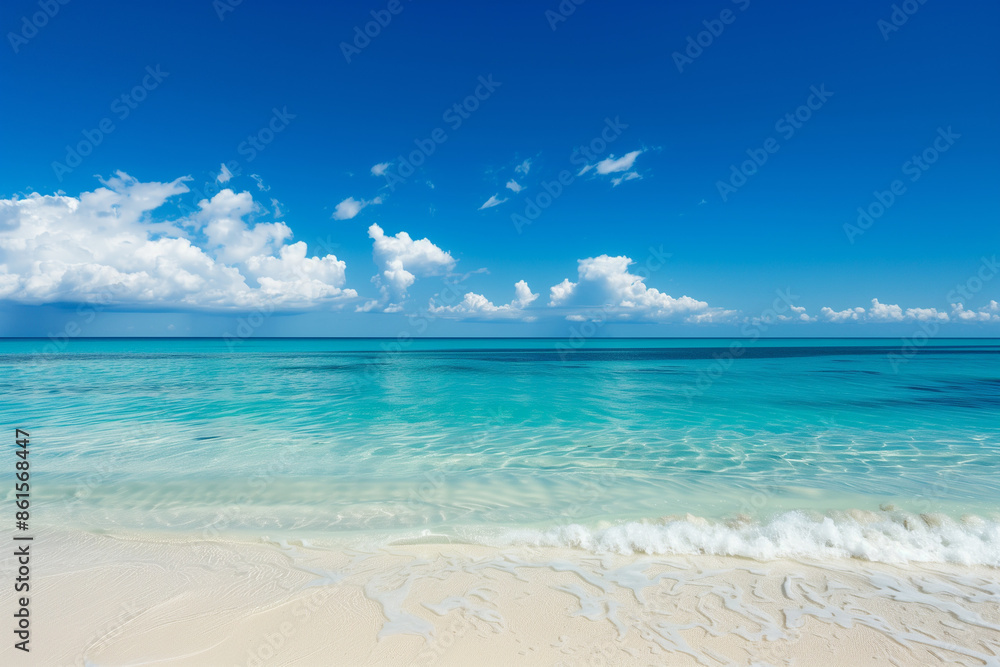 Fototapeta premium White sand beach with turquoise water, seashore and blue sea in the background, vacation concept banner template for summer travel advertising design.