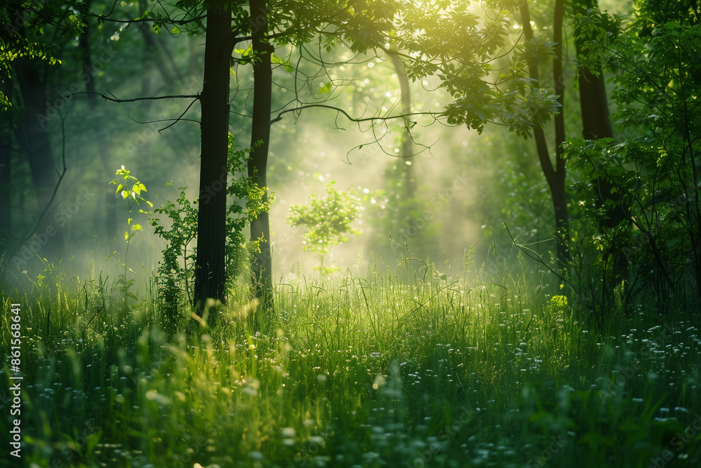 Fototapeta premium Lush green forest with rays of sunlight filtering through the trees, the grassy ground is covered in wildflowers, soft mist hangs in the air. Summer morning concept.