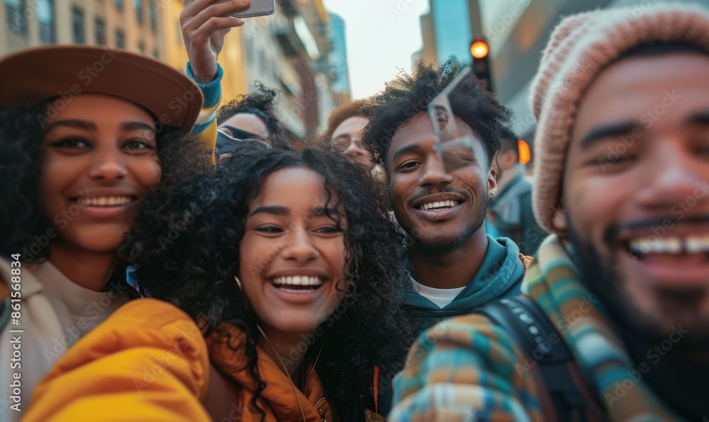 Happy group of multiethnic friends taking a selfie while having fun together Happy group of multiethnic friends taking a selfie while having fun together