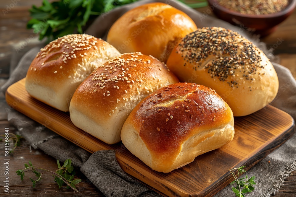 Freshly baked buns on a wooden board Freshly baked buns on a wooden board
