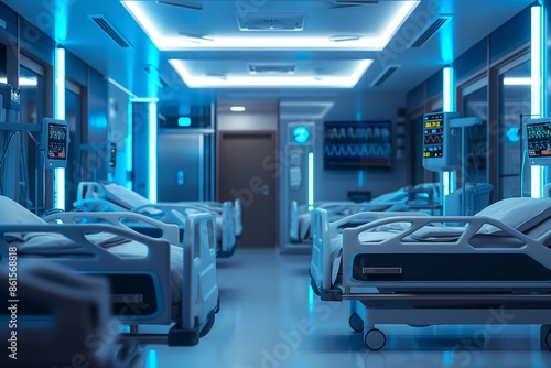 Hospital room with beds, monitors and medical equipment