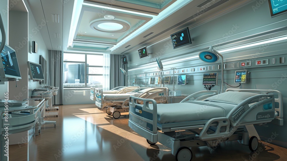 Hospital room with beds, monitors and medical equipment Hospital room with beds, monitors and medical equipment