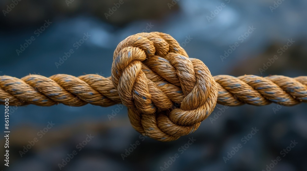 A detailed view of an intricate rope knot over a blurred landscape, symbolizing the art of knot tying and its importance for binding and securing objects. A detailed view of an intricate rope knot over a blurred landscape, symbolizing the art of knot tying and its importance for binding and securing objects.