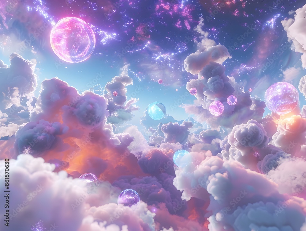 Ethereal Celestial Clouds with Glowing Orbs in a Vibrant 3D Generative Landscape Ethereal Celestial Clouds with Glowing Orbs in a Vibrant 3D Generative Landscape