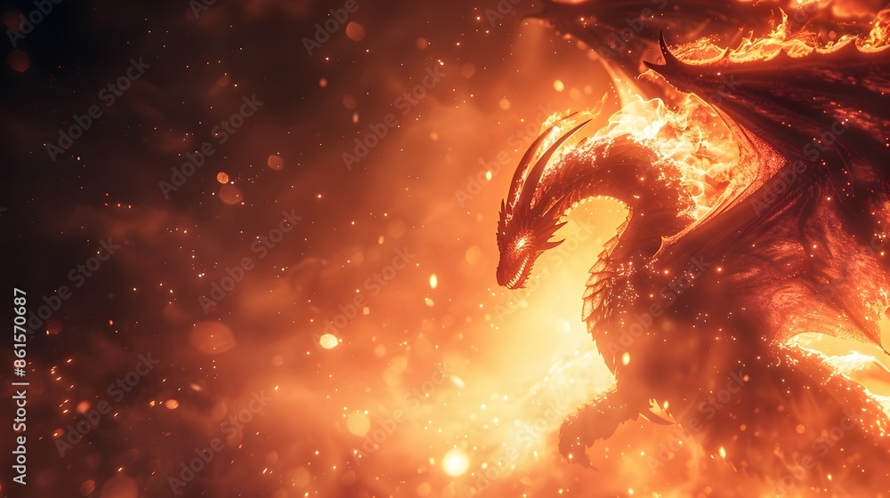 Silhouette of a Powerful Dragon with Flaming Wings in a Dramatic Fiery Background Silhouette of a Powerful Dragon with Flaming Wings in a Dramatic Fiery Background