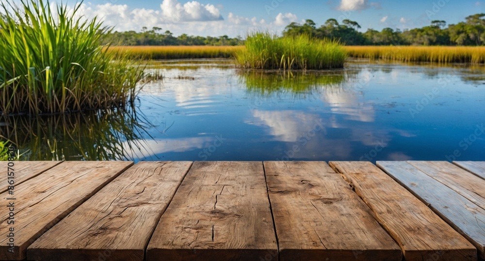 rustic wooden table and, in the background, a tropical wetland blurred with nature, aquatic vegetation, and sky, to use as a background for products. rustic wooden table and, in the background, a tropical wetland blurred with nature, aquatic vegetation, and sky, to use as a background for products.