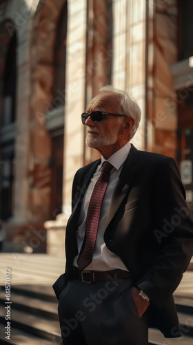 An old man in a business suit and sunglasses, a businessman.
