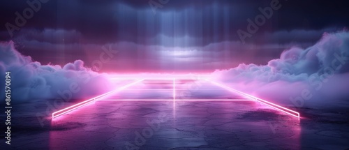 Futuristic neon-lit platform surrounded by ethereal clouds and a misty horizon  showcasing a sci-fi ambiance with vibrant pink and purple hues.